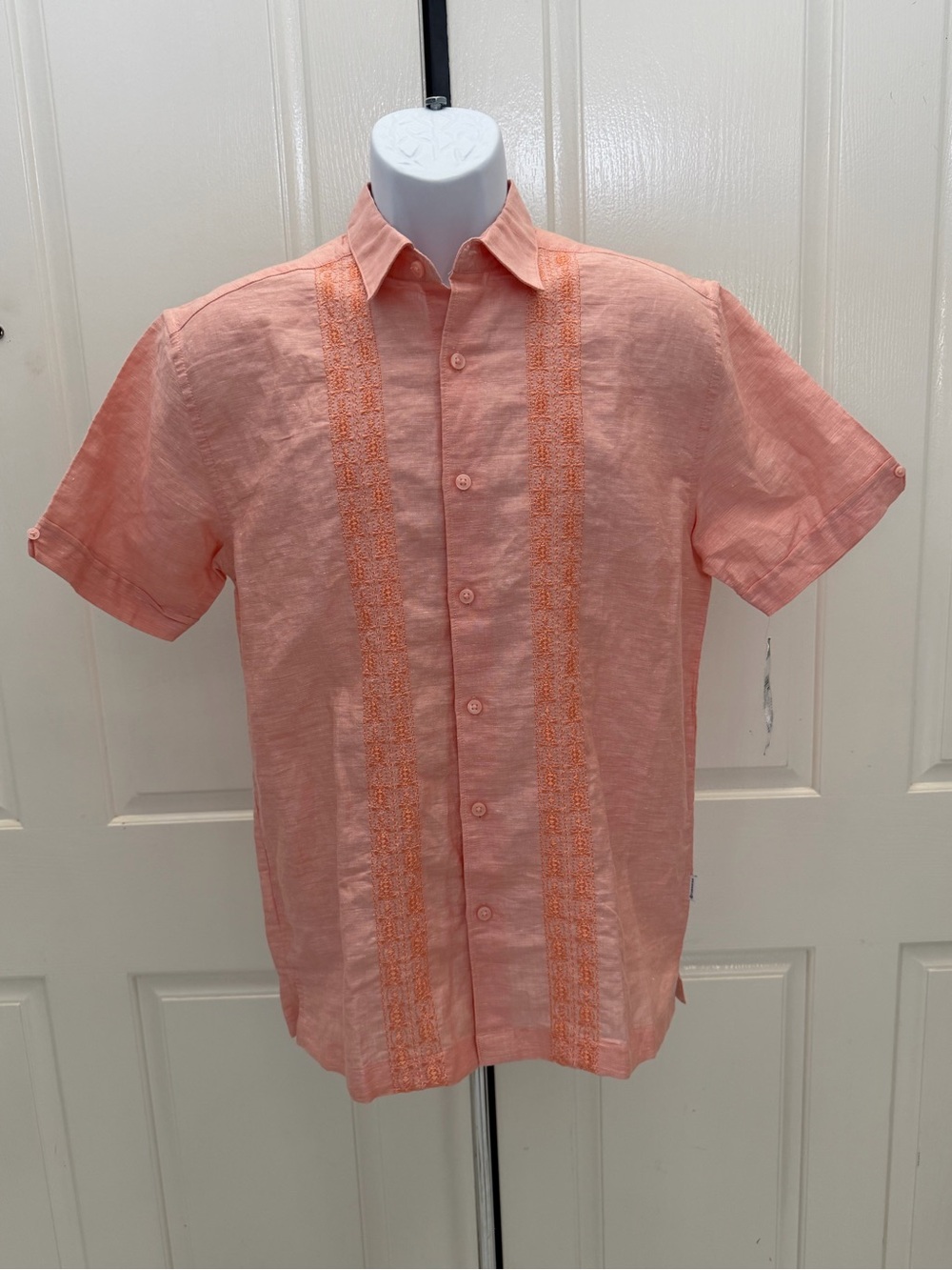 Cubavera Embroidered Peach Linen Blend Button-Up Shirt Sz S